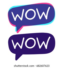 Wow. Lettering and hand drawn speech bubbles. Vector icons, stickers, badges, marks illustrations on white background.