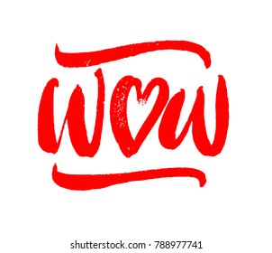 Wow lettering hearts illustration. Brush pen calligraphy hand drawn. Valentines day. Red on white