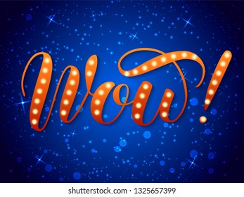 Wow! lettering with light bulbs.  Vector illustration.