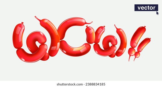 Wow lettering made of twisting balloons. Banner on white background. Realistic 3D render. Vector shiny template. Perfect for gift card, cartoon style poster, surprise party, beautiful sale emblem.