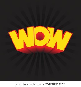 Wow logo with comic style 3d text effect isolated on black background. Wow sticker, tag, label, badge vector illustration. Modern typography design. Bubble lettering.