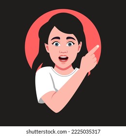 Wow look advertise here! Portrait of amazed little girl pointing on background showing copy space for promotional ad. Indoor isolated in a round hole on black background expressing amazement and shock