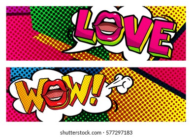 WOW and Love word bubble. Message in pop art comic style.