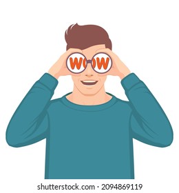 wow, man looking through binoculars, vector carton person