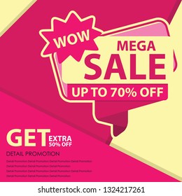 Wow Mega Sale Banner Template. Discount Up to 50%. Vector Template Poster Sale Promotion.