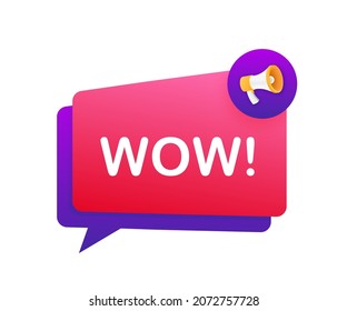 Wow megaphone. Flat vector illustration. Announce promotion offer. People communicate