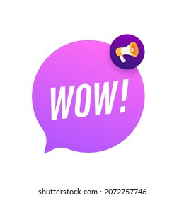 Wow megáfono. Ilustración vectorial plana. Anunciar la oferta de promoción. La gente se comunica