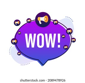 Wow megáfono. Ilustración vectorial plana. Anunciar la oferta de promoción. La gente se comunica.