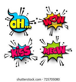 wow meow kiss love oh set lettering. Comics book balloon. Bubble icon speech pop art phrase. Cartoon font label expression. Comic text sound effects. Vector illustration.