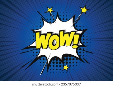 WOW Message word bubble in retro pop art style on blue background. Vector illustration.