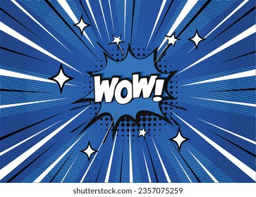 WOW Message Word Bubble im Retro-Pop-Art-Stil auf blauem Hintergrund. Vektorgrafik.
