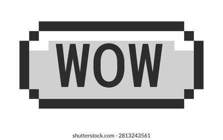 Wow monochrome pixel art button. Amazement excitement expression. Admiration reaction. Impressive viral post. Grayscale retro UI. 8-bit style CTA. Pixelated 16bit web sticker. Roboto Mono font used