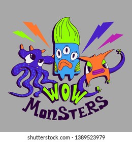 Wow monster t shirt design. Cartoon print catracters.