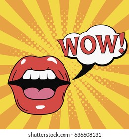 WOW! Mouth. Female Lips with speech bubble. Comics illustration in pop art retro style at sunburst background with dot halftone effect. Vector.