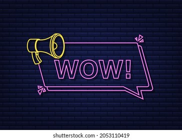 Wow neon megaphone. Flat vector illustration. Announce promotion offer. People communicate.