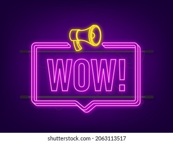 Wow neon megaphone. Flat vector illustration. Announce promotion offer. People communicate