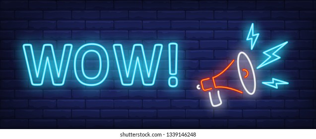 Wow neon text with megaphone. Announcement, promotion, advertising design. Night bright neon sign, colorful billboard, light banner. Vector illustration in neon style.