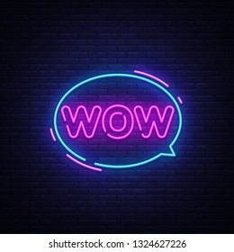 Wow Neon Text Vector. Guau pop art neon, plantilla de diseño, diseño moderno de tendencia, señalización de neón nocturno, publicidad nocturna brillante, banner luminoso, arte luminoso. Ilustración vectorial