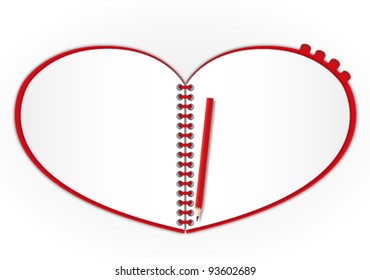 Wow !! New open page red heart notebook set bookmarks and pencil.