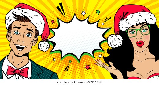 Guau, el Año Nuevo se enfrenta. Guapo joven sorprendido hombre y mujer sexy sorprendida con gafas con la boca abierta y sombreros de Santa Claus. Antecedentes vectoriales al estilo cómico de arte pop. Afiche de la invitación de Navidad.
