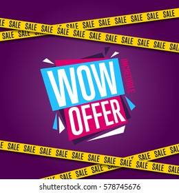 Guau ofrece una ilustración vectorial aislada de banner. Etiqueta de oferta exclusiva, promoción de descuento de precio, etiqueta de venta al por menor de publicidad, símbolo especial de compra. Afiche de estilo gráfico colorido moderno