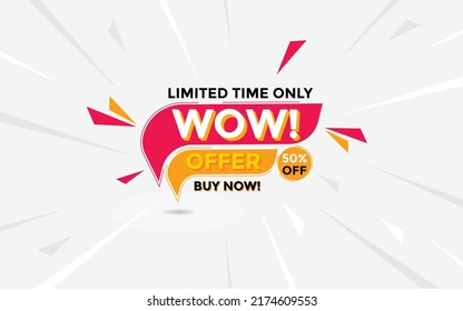 WOW offer. WOW Sale and special offer. 50% off. Vector illustration. Theme red and yellow color.