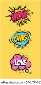 wow omg and love speech bubble pop art elements  vector illustration