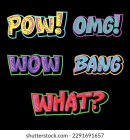 Wow, Omg, Pow, Bang text. Vector on a black background.