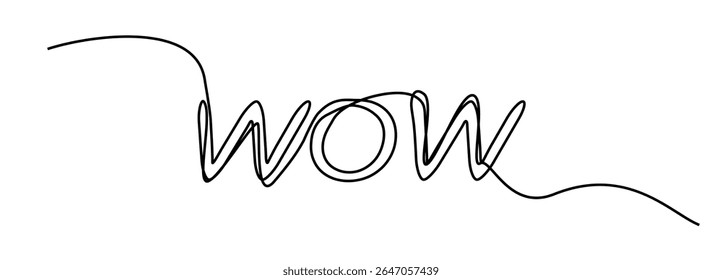WOW one line hand drawn word. Expression single monoline doodle text, scribble lettering, wow sketched print, emotional typography, black event quote, font, dynamic vector illustration