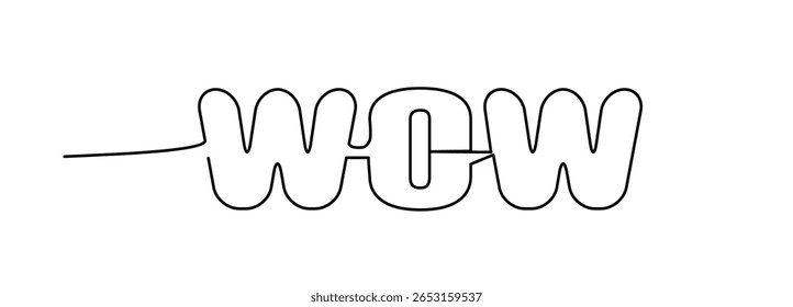 WOW one line hand drawn word. Expression single monoline doodle text, scribble lettering, wow sketched print, emotional typography, black event quote, font, dynamic vector illustration