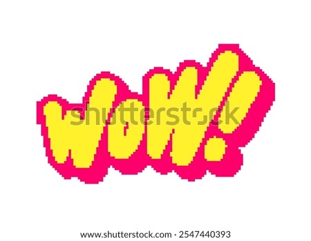 Wow. Pixel art style vector typography text sticker.