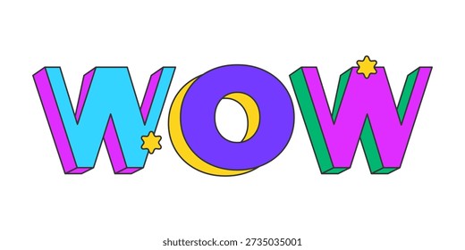 Verspieltes 3D-Textdesign. Erstaunen Aufregung Ausdruck. Verabreichungsreaktion. Beeindruckender viraler Post. Mehrfarbige Blockbuchstaben. Retro funky Stil mit Sternen. Popkultur. Montserrat-Schriftart verwendet