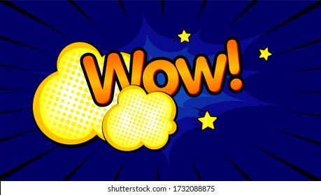 WOW Pop art comic background with yellow cloud and star. Cartoon Vector Illustration on blue