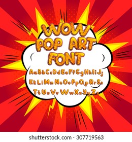 Wow Pop Art Comic Font Vector Illustration. Decorative Color Alphabet With Bomb Explosive.