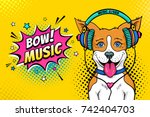 Wow pop art dog face. Funny happy surprised dog with open mouth with tongue in colorful headphones listening to the music and relax Vector illustration in cartoon comic style. Party invitation poster.