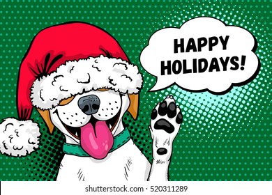 Wow pop art dog face. Funny surprised dog in Santa Claus hat with open mouth rises his paw up and Happy Holidays speech bubble. Vector Christmas illustration in retro comic style. New Year background.