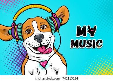 Wow pop art dog face. Funny happy surprised dog beagle with open mouth with tongue in colorful headphones  listening to the music. Vector illustration in cartoon comic style. Party invitation poster.