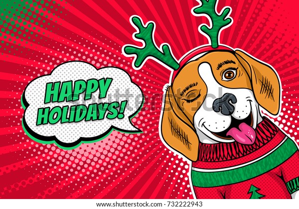 うわ ポップアートの犬顔 クリスマスセーターと鹿の角がウィンクし 祝祭日のスピーチ バブルが吹いて おかしな驚きのビーグル レトロな漫画風のベクタークリスマスイラスト 新年の背景 のベクター画像素材 ロイヤリティフリー