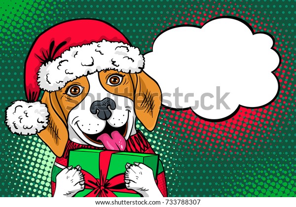 うわ ポップアートの犬顔 口を開け 手とスピーチバブルでギフトボックスを持つ サンタクロースのおかしな驚きの犬 レトロな漫画風のベクタークリスマス イラスト 新年のパーティーのポスター のベクター画像素材 ロイヤリティフリー