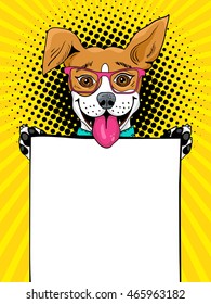 Wow pop art dog. Funny surprised dog in glasses with open mouth holding an empty board in his paws. Vector illustration in retro comic style. Vector pop art background.