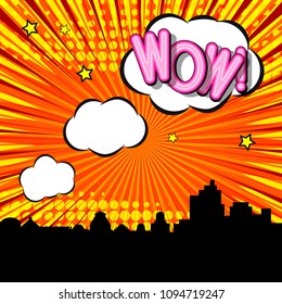 Wow pop art expression, speech bubbles, silhouette cityscape, orange retro background.