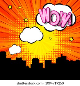 Wow pop art expression, speech bubbles, silhouette cityscape, orange retro background.