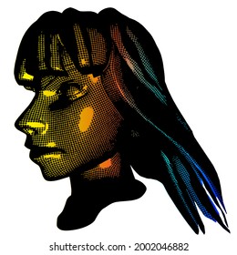 Wow pop art face 3d mesh. Sexy emotion girl Vector colorful grid background cartoon