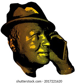 Wow pop art face. Emotion man Vector colorful 3d mesh illustration man with phone.