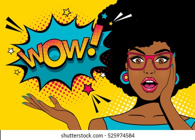 Wow pop art  face. Sexy surprised young african woman with open mouth and afro hairstyle in glasses and Wow speech bubble. Vector colorful background in pop art retro comic style.