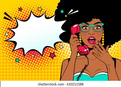 Wow pop art face. Sexy surprised young african woman  holding old phone handset with open mouth and afro hairstyle in glasses and Wow speech bubble. Vector background in pop art retro comic style.