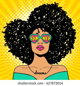 Wow pop art face. Sexy woman with black afro curly hair and open mouth and sunglasses in form of heart with inscription summer in reflection. Vector colorful background in pop art retro comic style.