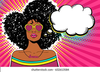 Wow pop art face. Sexy woman with black afro curly hair and open mouth and sunglasses in form of heart and empty speech bubble. Vector bright background in pop art retro comic style. Party invitation.