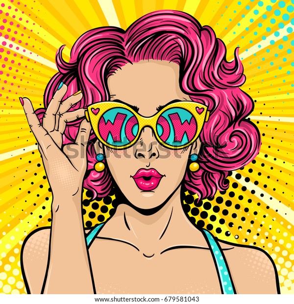 Wow pop art face. Sexy surprised woman with pink\
curly hair and open mouth holding sunglasses in her hand with\
inscription wow in reflection. Vector colorful background in pop\
art retro comic style.