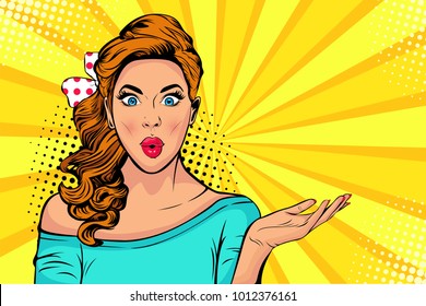 Wow pop art face of surprised fashion girl open mouth. Beautiful young woman model pointing hand, advertising gesture.  Vector bright background in pop art retro comic style.